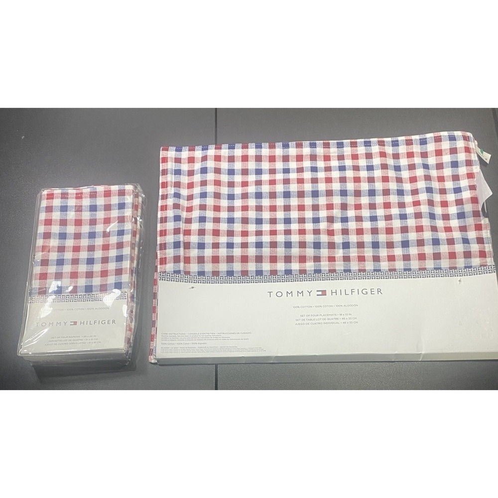 Set Of 4 Tommy Hilfiger Napkins and Placemats Red White Blue Checked‎ New